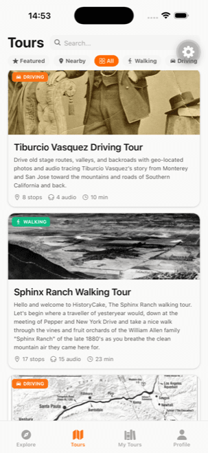 The History Cake app showing a list of available tours, each with a historic photo, stop count and running time