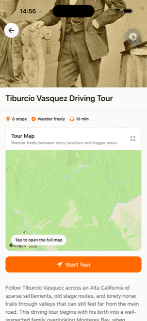 A tour's detail screen in the app, showing its map, stop count and a Start Tour button
