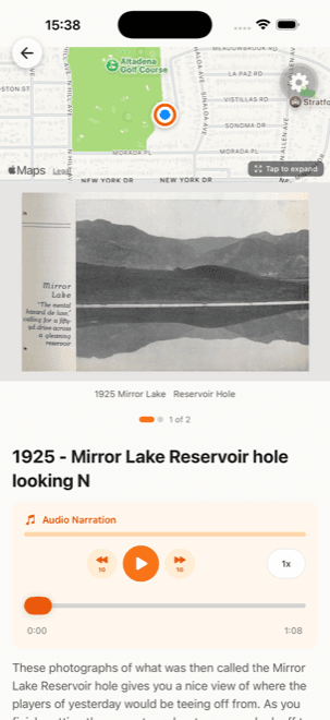 A story playing in the app: an archival photograph of Mirror Lake with the narration player beneath it